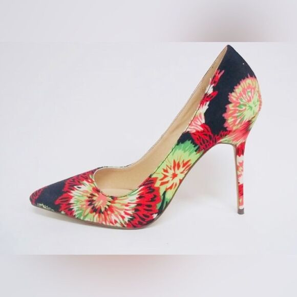 Liliana Grace Floral Starburst Pointed Toe Pumps Black Red Green 7 Stiletto - Picture 1 of 9